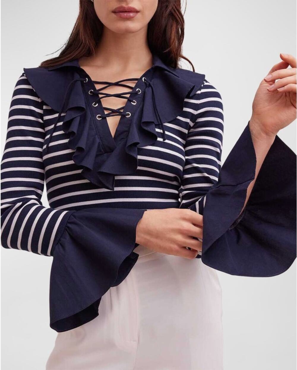 Anne Fontaine Coquillage Striped Bell-Sleeve Ruffle Top